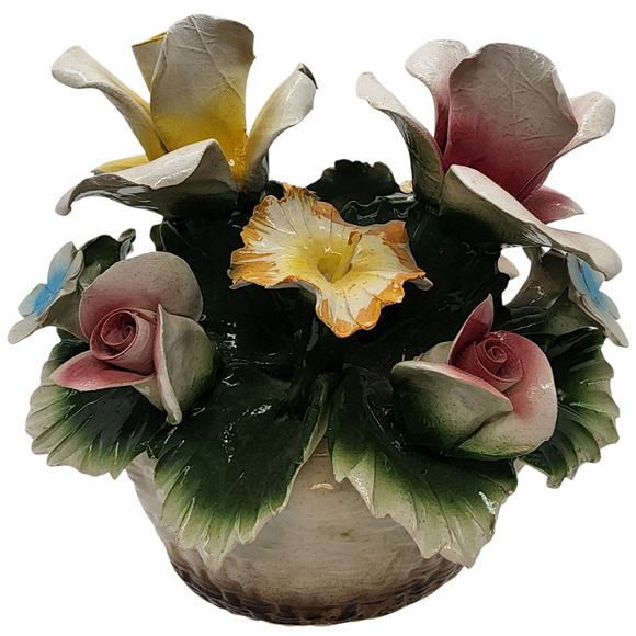 Vintage Nuova Capodimonte Large Porcelain Basket of Pink Yellow Flowers Italy - Picture 1 of 8